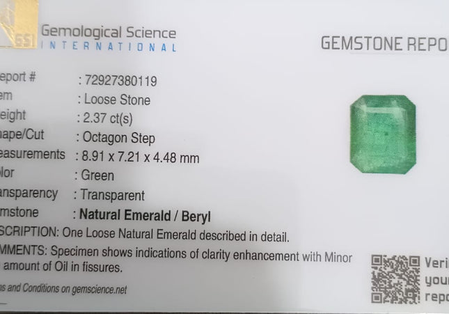 GSI Certified 2.37ct Zambian Emerald, Natural earth mined Gemstone