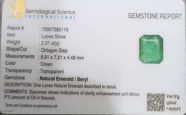Zambian Emerald 2.37ct Natural Certified earth mined Gemstone