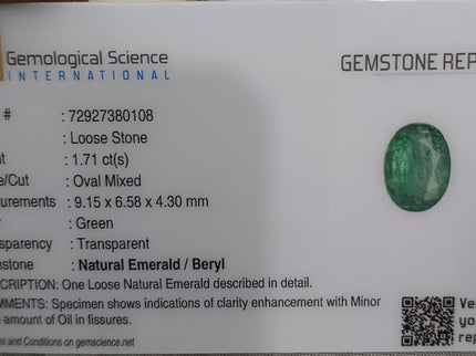 Zambian Emerald 1.71ct Shiny Sea Green Zambian Emerald, Natural Earth Mined Gemstone
