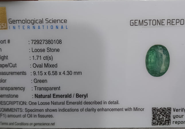 GSI Certified 1.71ct Intense Green Zambian Emerald, Natural Earth Mined Gemstone
