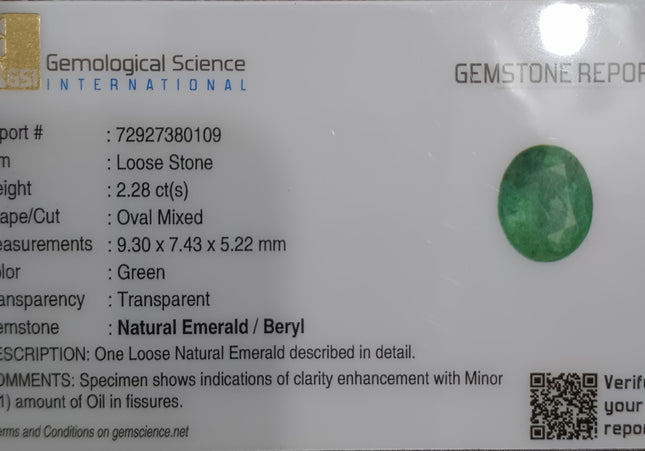 GSI Certified 2.28ct Intense Green Zambian Emerald, Natural Earth Mined Gemstone