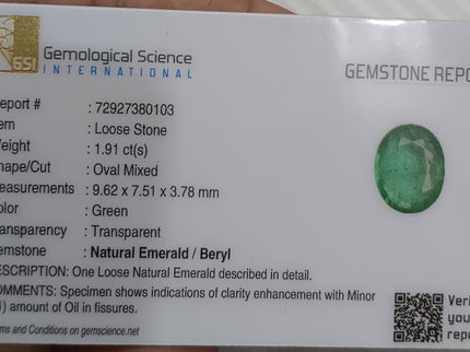 1.91ct Natural Emerald GSI Certified Zambian Medium Green Oval Gemstone