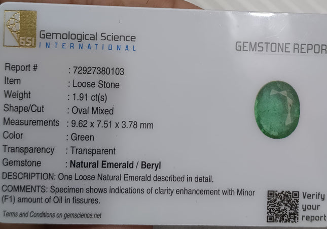 GSI Certified 1.91ct Vivid Green Zambian Emerald, Natural Earth Mined Gemstone