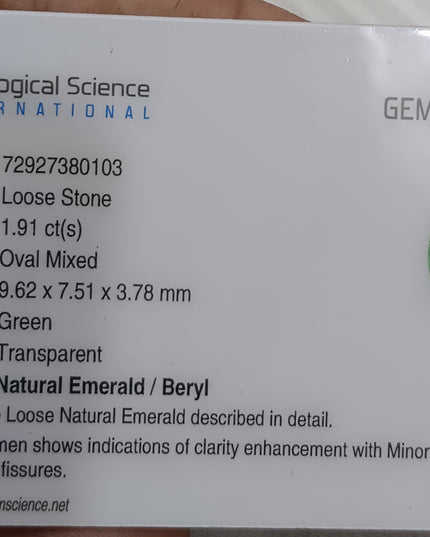 GSI Certified 1.91ct Vivid Green Zambian Emerald, Natural Earth Mined Gemstone
