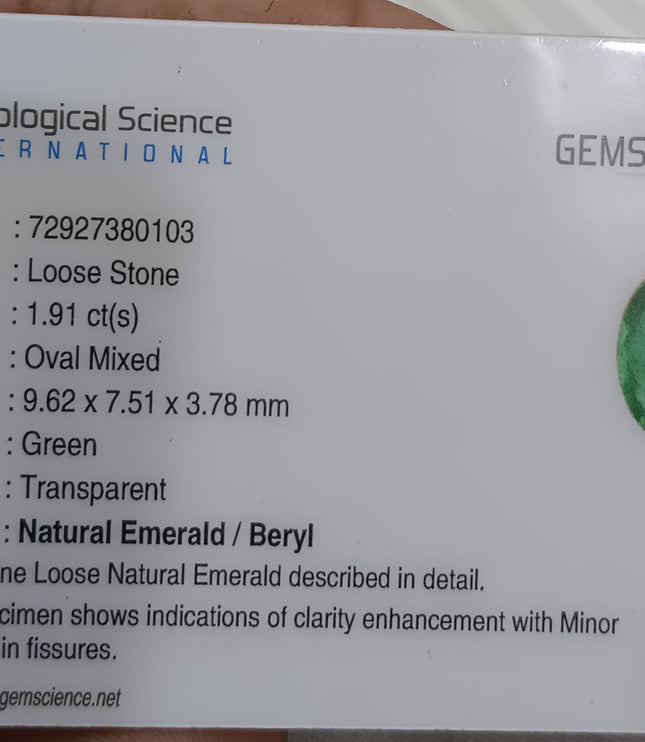 Certified 1.91ct Medium Green Zambian Emerald