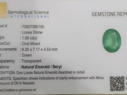 GSI Certified 1.99ct Grass Green Emerald, Natural Earth Mined Gemstone