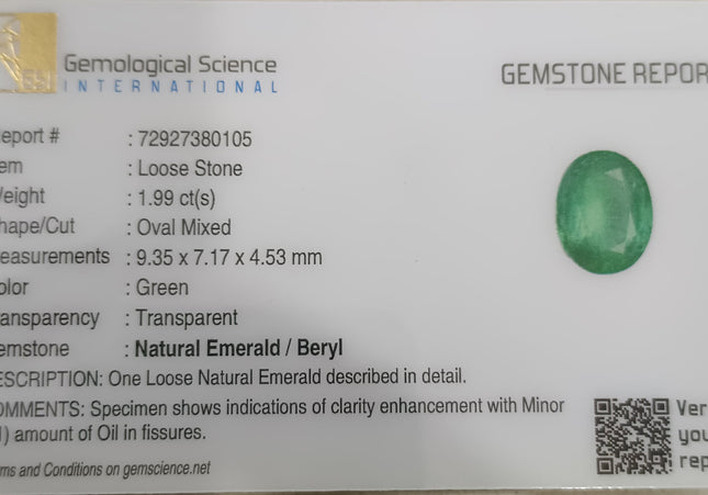 GSI Certified 1.99ct Grass Green Emerald, Natural Earth Mined Gemstone