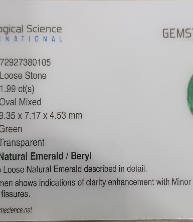 GSI Certified 1.99ct Grass Green Emerald, Natural Earth Mined Gemstone
