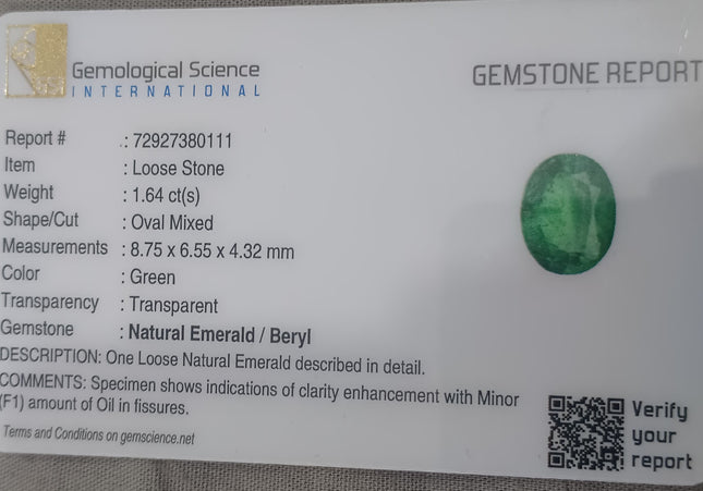 GSI Certified 1.64ct Water Green Zambian Emerald, Natura Gemstone