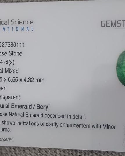 GSI Certified 1.64ct Water Green Zambian Emerald, Natura Gemstone