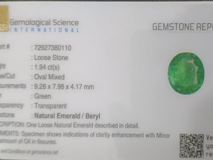 Certified 1.94ct Vivid Medium Green Emerald, Natural loose gemstone