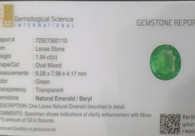 GSI Certified 1.94ct Vivid Medium Green Emerald, Natural loose gemstone