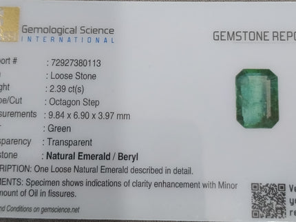GSI Certified 2.39ct Zambian Emerald, Natural Loose Gemstone