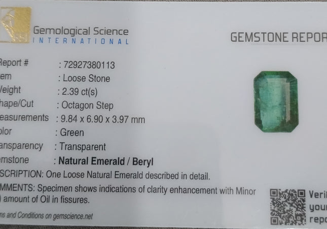 GSI Certified 2.39ct Zambian Emerald, Natural Loose Gemstone