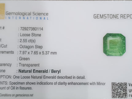 GSI Certified 2.55ct Neon Green Emerald, Natural Loose Gemstone