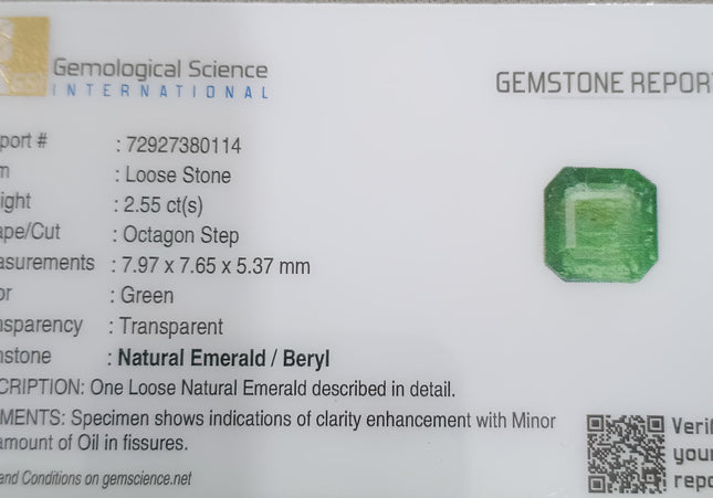 GSI Certified 2.55ct Neon Green Emerald, Natural Loose Gemstone