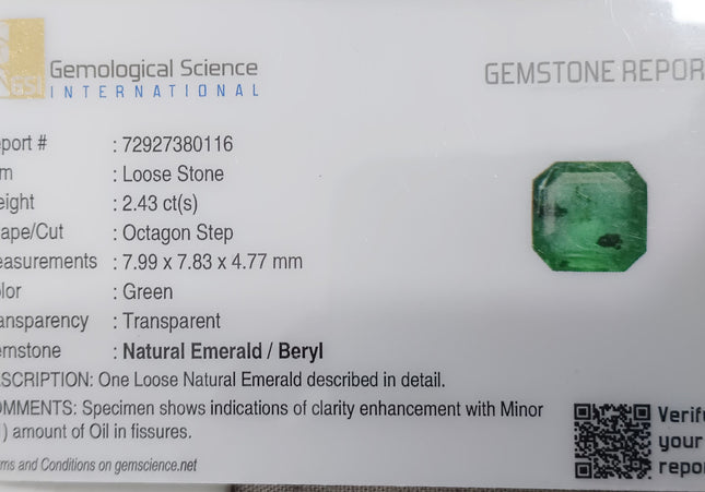 GSI Certified 2.43ct Vivid Medium Green Emerald, Natural earth mined Gemstone