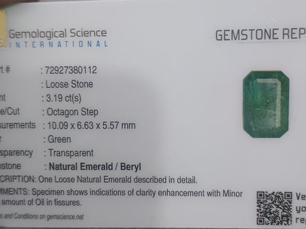 GSI Certified 3.19ct Zambian Emerald
