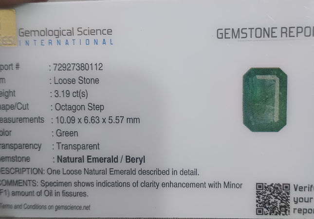 GSI Certified 3.19ct Zambian Emerald
