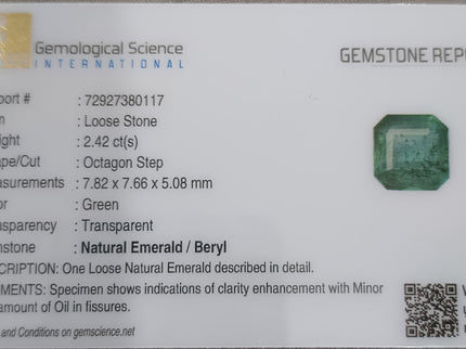 GSI Certified 2.42ct Zambian Emerald, Natural Loose Gemstone