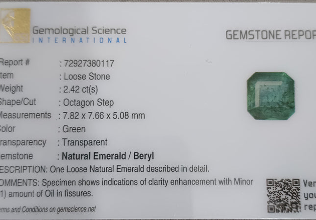 GSI Certified 2.42ct Zambian Emerald, Natural Loose Gemstone
