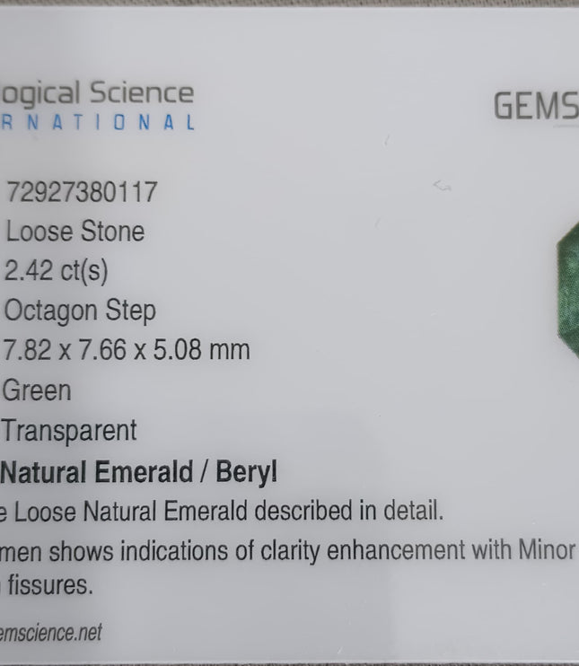 GSI Certified 2.42ct Zambian Emerald, Natural Loose Gemstone