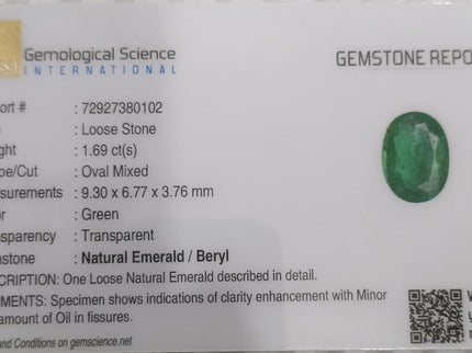 GSI Certified 1.69ct Medium Deep Green Emerald.