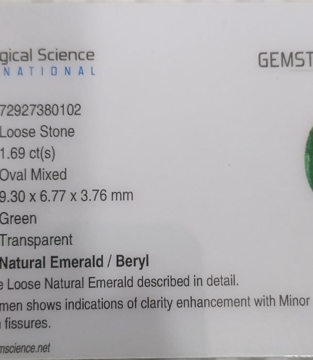 GSI Certified 1.69ct Medium Deep Green Emerald.