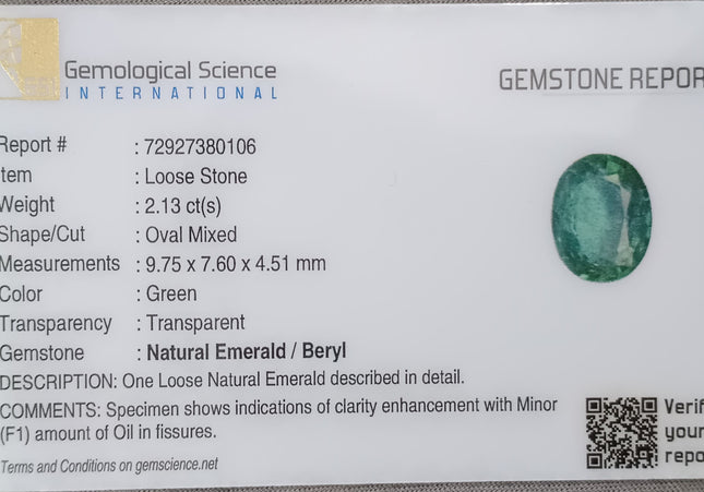 GSI Certified 2.13ct Zambian Emerald