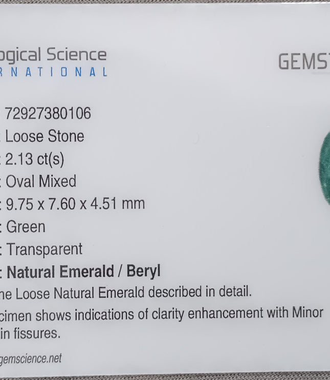 Zambian Emerald 2.13ct Certified Natural Oval Cut Loose Gemstone