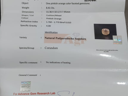 8.41ct Padparadscha sapphire, Certified Natural Untreated Loose Gemstone