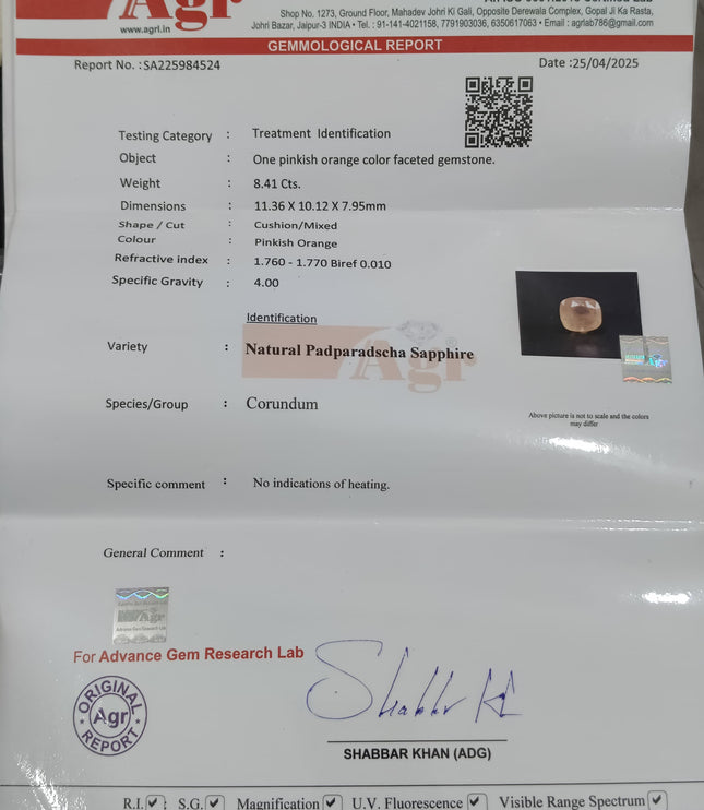 8.41ct Padparadscha sapphire, Certified Natural Untreated Loose Gemstone