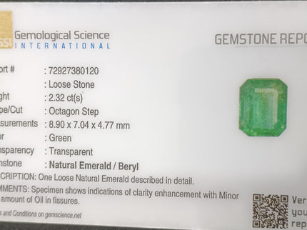 GSI Certified 2.32ct Vivid Medium Green Zambian Emerald, Natural Gemstone