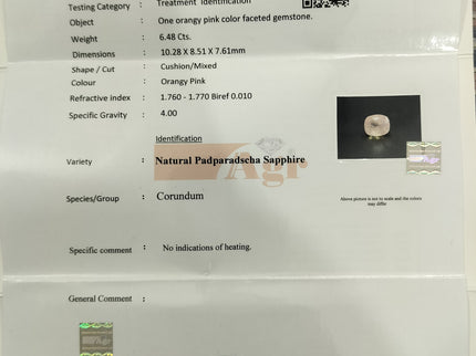 6.48ct Padparadscha sapphire, Certified Unheated Natural Loose Gemstone