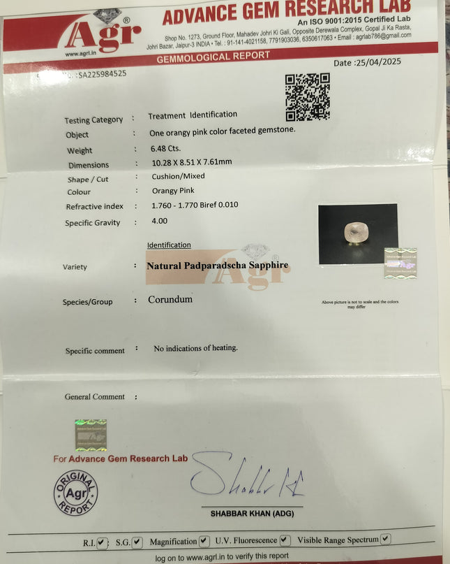 AGRL Certified 6.48ct Ceylon Padparadscha Sapphire, Natural untreated Gemstonr