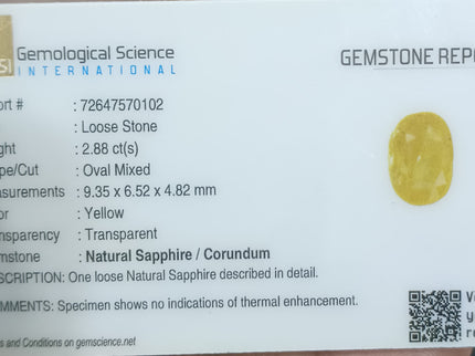 Yellow Sapphire 2.88ct Certified Unheated Natural Untreated Gemstone