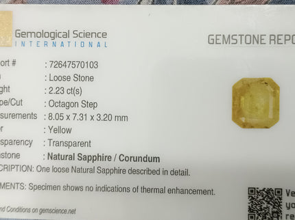 2.23ct Yellow Sapphire, Certified Natural untreated Gemstone