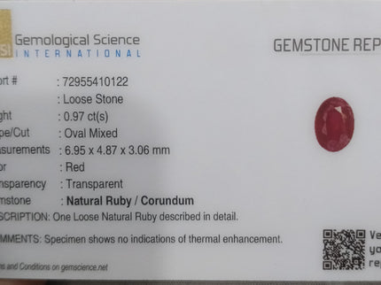 Certified 0.97ct unheated Natural Mozambique Ruby Stone.