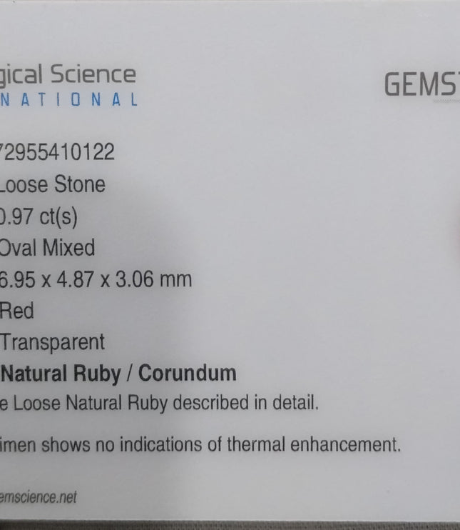 Certified 0.97ct unheated Natural Mozambique Ruby Stone.