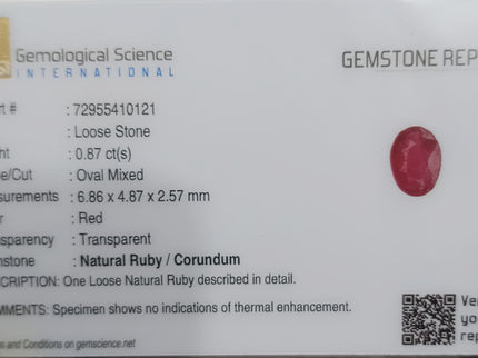 Mozambique Ruby 0.87ct Certified Natural Untreated Gemstone