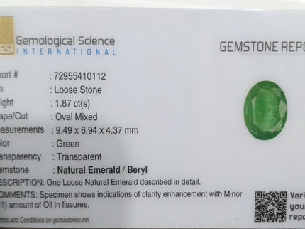 Certified 1.87ct Velvet Green Zambian Emerald, Natural Gemstone