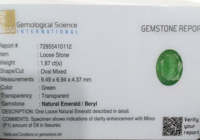 GSI Certified 1.87ct Velvet Green Emerald, Natural Gemstone
