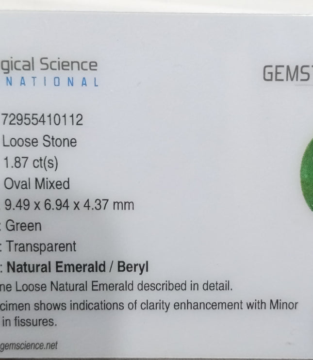 Certified 1.87ct Velvet Green Zambian Emerald, Natural Gemstone
