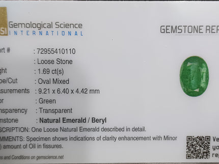 Certified 1.68ct Deep Green Natural Emerald, Minor Oiled Stone