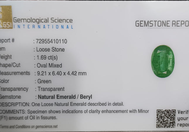 GSI Certified 1.68ct Deep Green Emerald, Natural Earth Mined