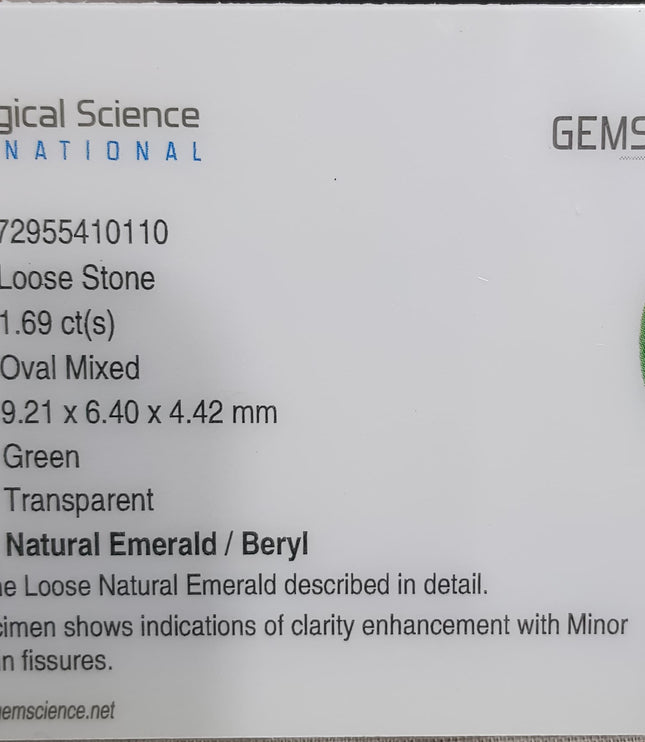 Certified 1.68ct Deep Green Natural Emerald, Minor Oiled Stone