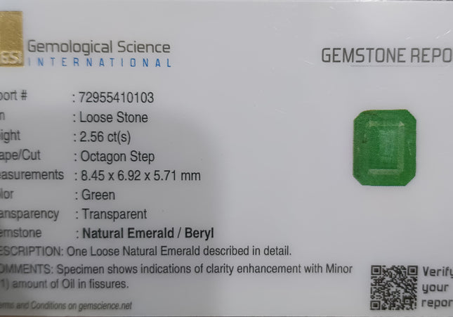 GSI Certified 2.56ct Medium Green Emerald, Natural Gemstone