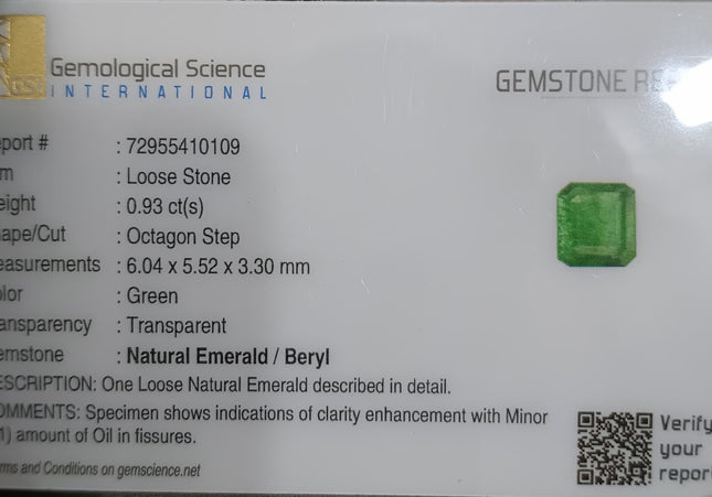GSI Certified 0.93 AAA Green Emerald, Natural earth mined Gemstone