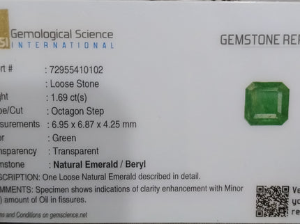 Natural Emerald 1.69ct Certified Medium light Green loose Gemstone