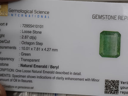 Certified 2.87ct Zambian Emerald, Natural Loose Gemstone